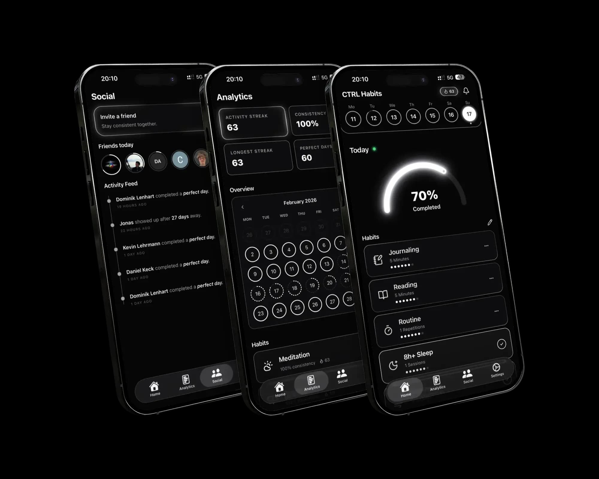 CTRL Habits app screens for habits, stats, and social accountability